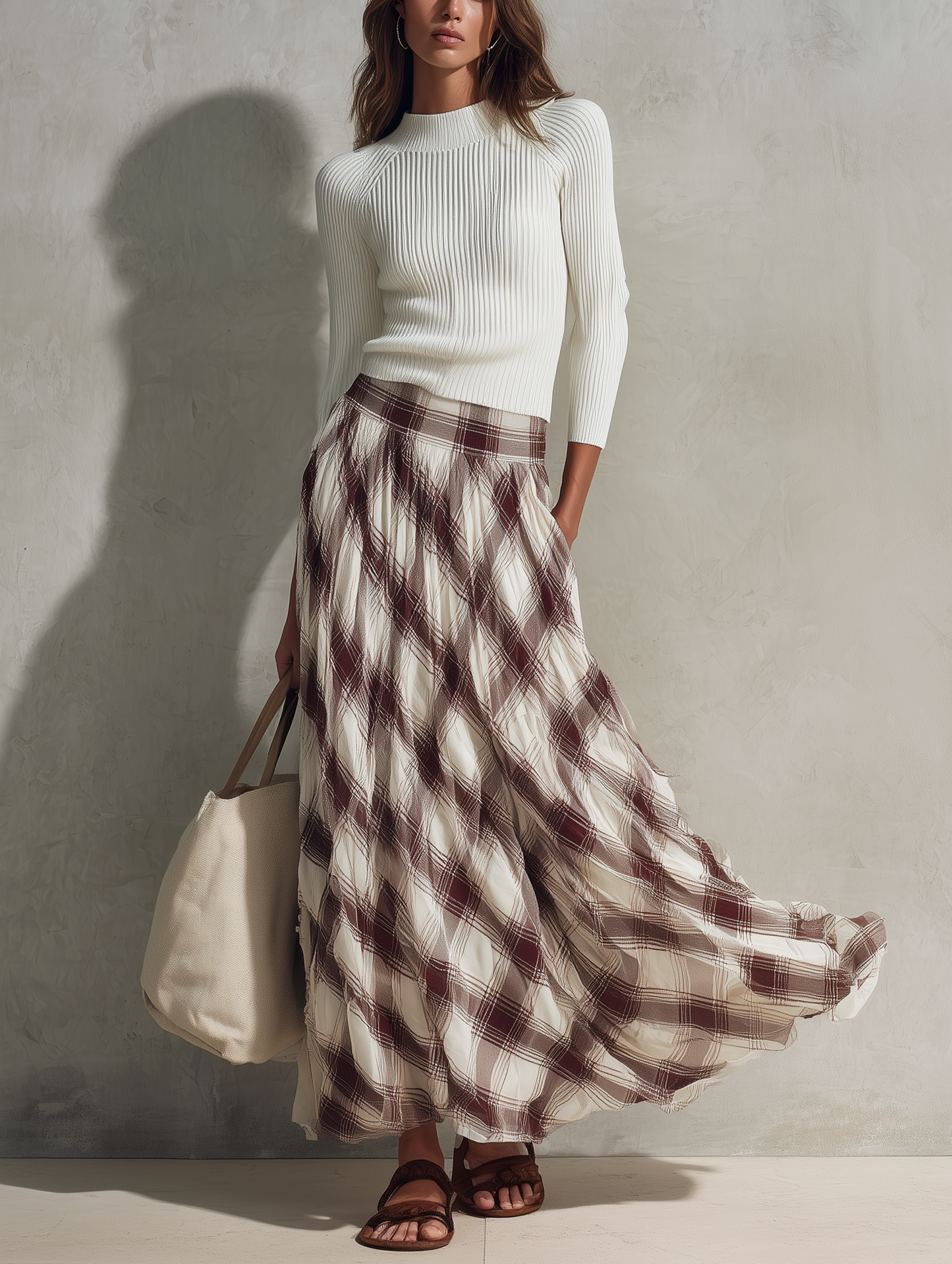 Women's Casual Off-white Long-sleeved Knit Top With A Round Neck, Paired With A Dark Red Printed Chiffon Skirt