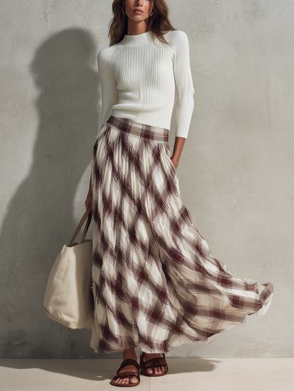 Women's Casual Off-white Long-sleeved Knit Top With A Round Neck, Paired With A Dark Red Printed Chiffon Skirt