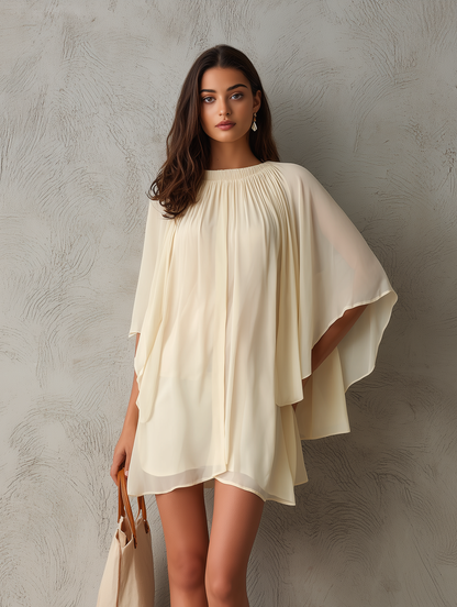 Women's Casual Beige Chiffon Short Dress With Cape Sleeves