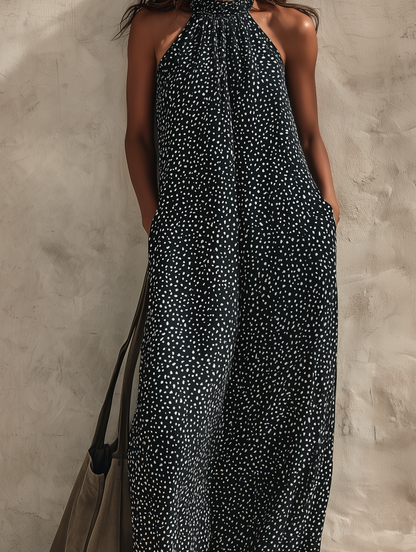 Women's Casual Black And White Sleeveless Maxi Dress With Round Neck And Thick Chiffon Fabric