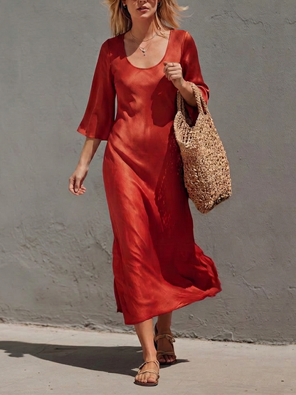 Women's Rust Red Satin Midi Dress With Wide U Scoop Neck & Flared Three Quarter Sleeves, Boho Elegant Flow Side Slit Vacation Midi Dress