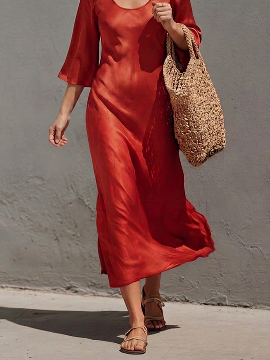 Women's Rust Red Satin Midi Dress With Wide U Scoop Neck & Flared Three Quarter Sleeves, Boho Elegant Flow Side Slit Vacation Midi Dress