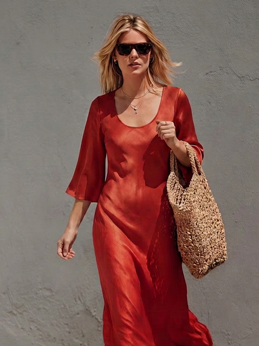 Women's Rust Red Satin Midi Dress With Wide U Scoop Neck & Flared Three Quarter Sleeves, Boho Elegant Flow Side Slit Vacation Midi Dress