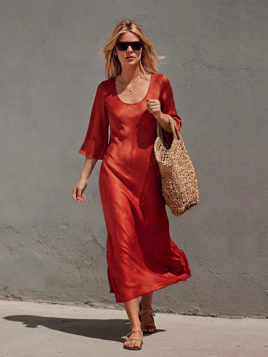 Women's Rust Red Satin Midi Dress With Wide U Scoop Neck & Flared Three Quarter Sleeves, Boho Elegant Flow Side Slit Vacation Midi Dress