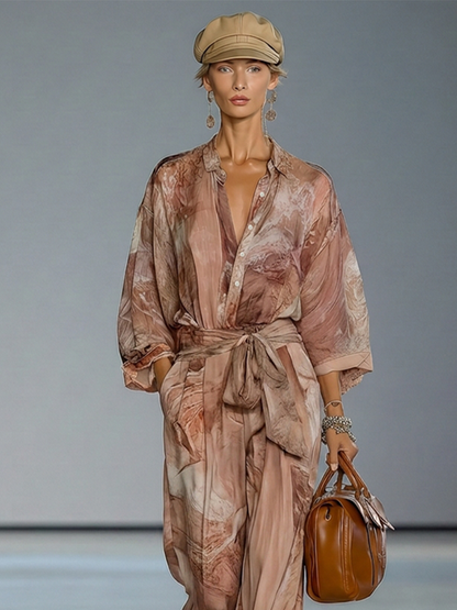 Women's Dusty Pink Print Chiffion Jumpsuit With Collared Half Placket & Self Tie Waist Belt, Modern Elegant Vacation Full Length Jumpsuit
