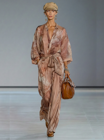 Women's Dusty Pink Print Chiffion Jumpsuit With Collared Half Placket & Self Tie Waist Belt, Modern Elegant Vacation Full Length Jumpsuit