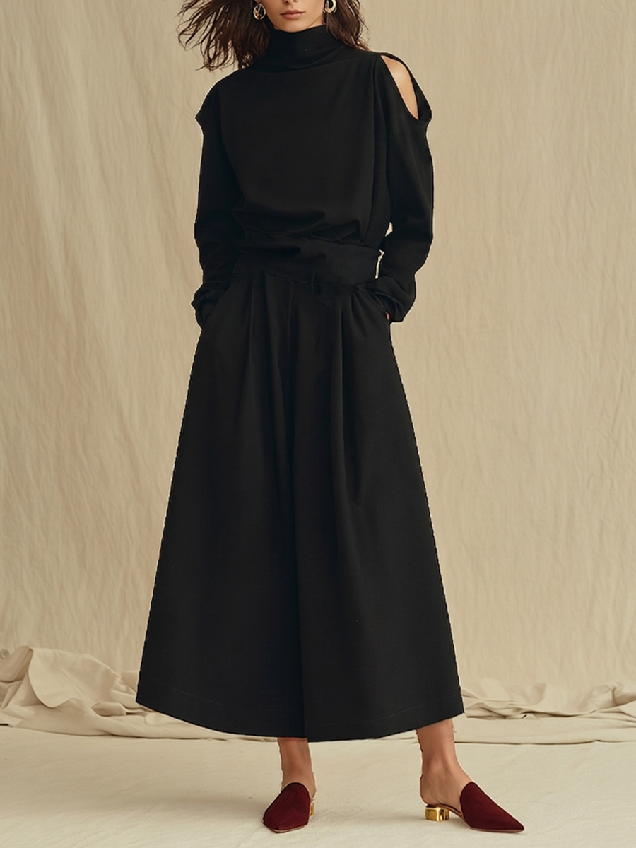 Women's Black Soft Woven Two-Piece Set With Turtleneck Cold Shoulder Long Sleeve Top & Side Pocket Skirt, Minimalist Elegant Smart Casual Matching Outfit