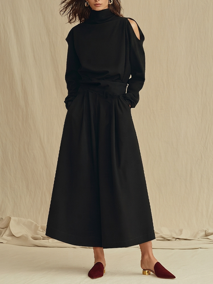 Women's Black Soft Woven Two-Piece Set With Turtleneck Cold Shoulder Long Sleeve Top & Side Pocket Skirt, Minimalist Elegant Smart Casual Matching Outfit