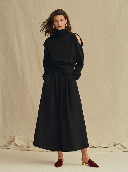 Women's Black Soft Woven Two-Piece Set With Turtleneck Cold Shoulder Long Sleeve Top & Side Pocket Skirt, Minimalist Elegant Smart Casual Matching Outfit