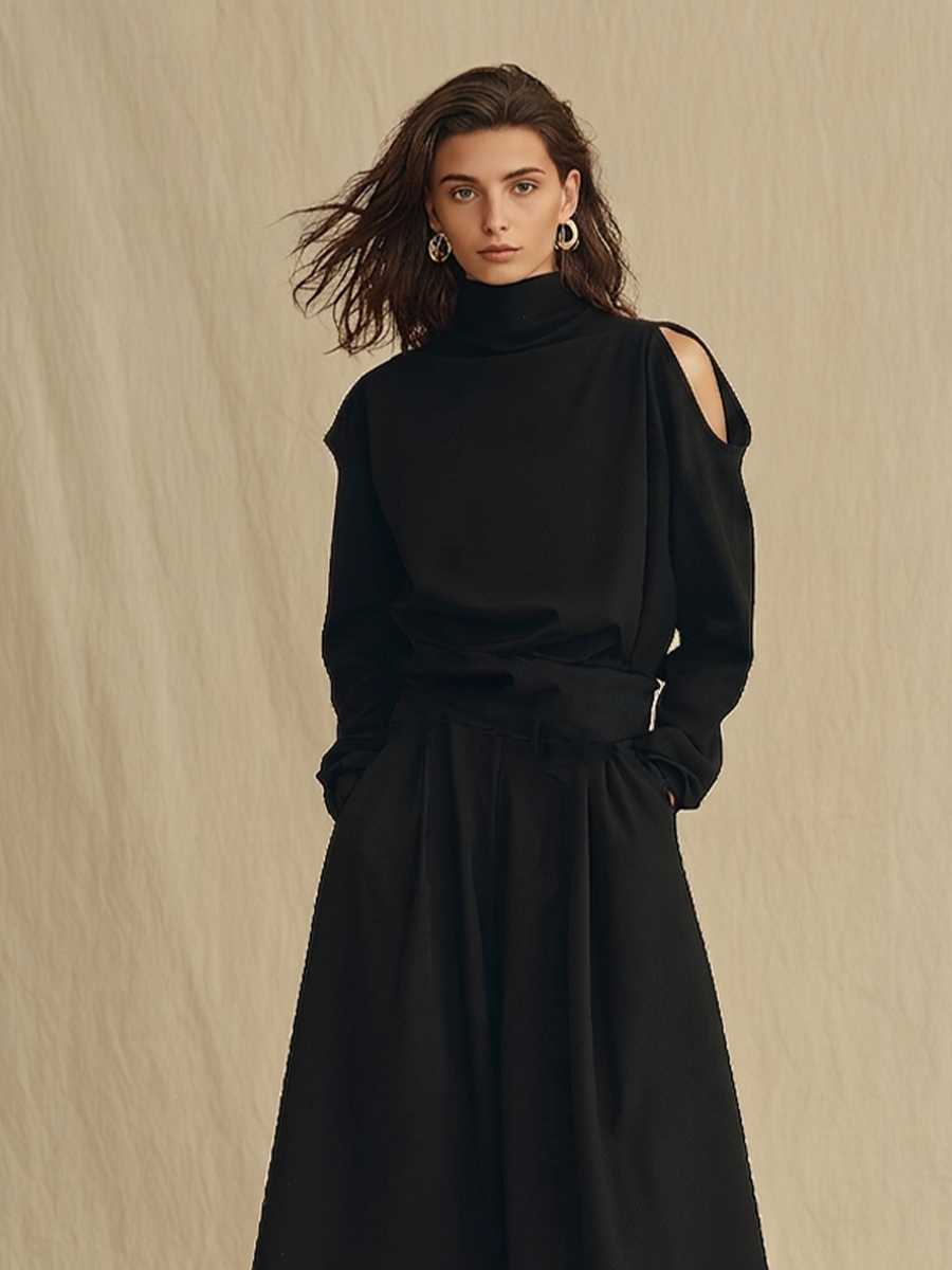Women's Black Soft Woven Two-Piece Set With Turtleneck Cold Shoulder Long Sleeve Top & Side Pocket Skirt, Minimalist Elegant Smart Casual Matching Outfit