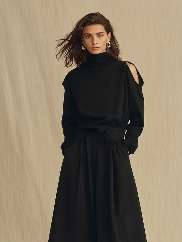 Women's Black Soft Woven Two-Piece Set With Turtleneck Cold Shoulder Long Sleeve Top & Side Pocket Skirt, Minimalist Elegant Smart Casual Matching Outfit