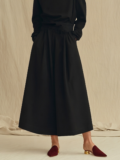 Women's Black Soft Woven Two-Piece Set With Turtleneck Cold Shoulder Long Sleeve Top & Side Pocket Skirt, Minimalist Elegant Smart Casual Matching Outfit