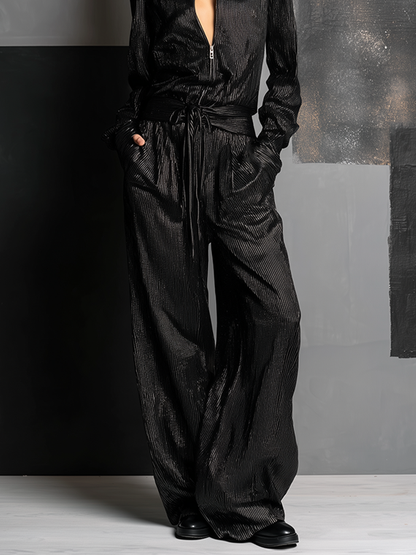 Women's All-Black Vertical Striped Lurex Jumpsuit With Collar Half Zip Front & Self Tie Wait Belt, Edgy Night Out Wide Leg Metallic Jumpsuit