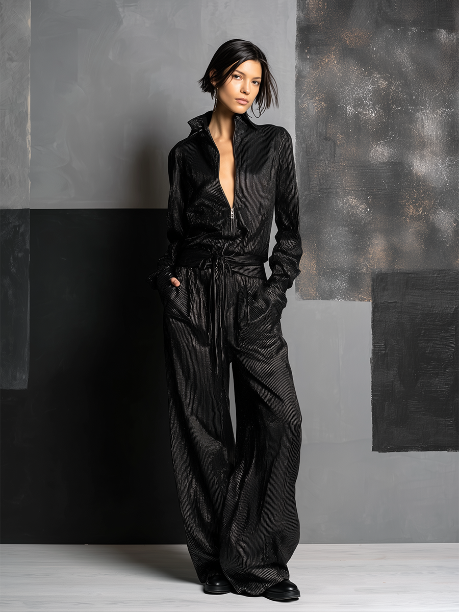 Women's All-Black Vertical Striped Lurex Jumpsuit With Collar Half Zip Front & Self Tie Wait Belt, Edgy Night Out Wide Leg Metallic Jumpsuit