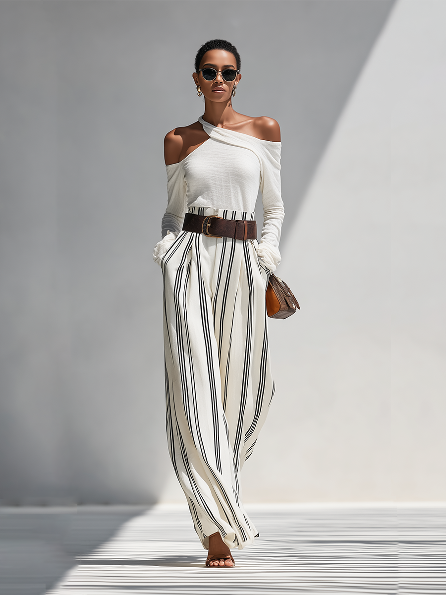 Women's Solid White Light Knit Co-Ord With One Shoulder Cutout Blouse & Pleated Striped Flow Palazzo Trousers, Modern Effortless-Chic Daily Casual Two-Piece Set (without Belt)