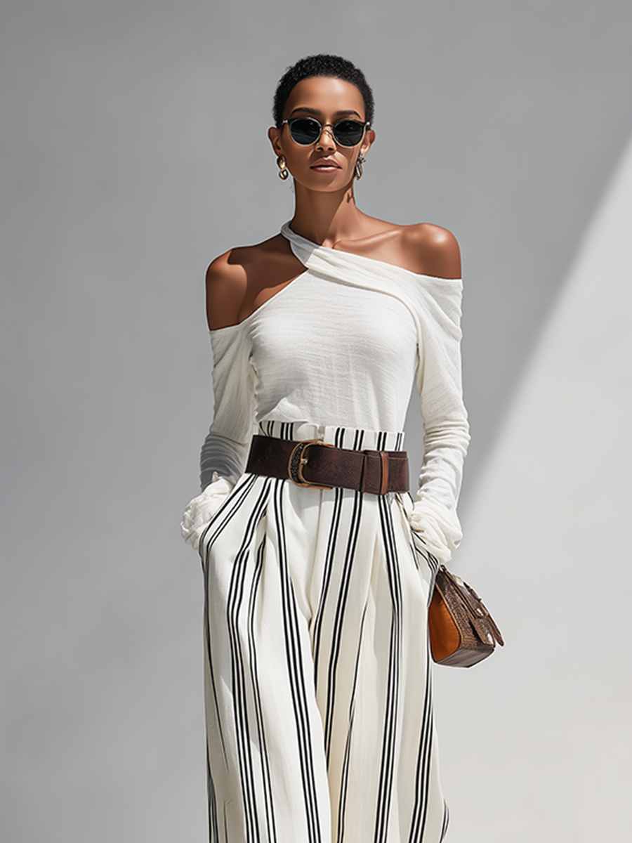 Women's Solid White Light Knit Co-Ord With One Shoulder Cutout Blouse & Pleated Striped Flow Palazzo Trousers, Modern Effortless-Chic Daily Casual Two-Piece Set (without Belt)
