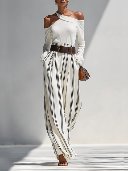 Women's Solid White Light Knit Co-Ord With One Shoulder Cutout Blouse & Pleated Striped Flow Palazzo Trousers, Modern Effortless-Chic Daily Casual Two-Piece Set (without Belt)