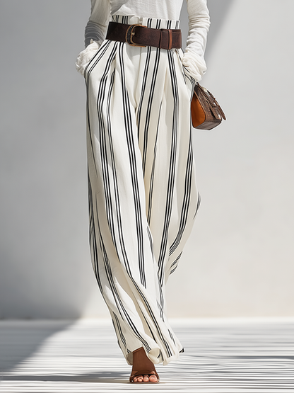 Women's Solid White Light Knit Co-Ord With One Shoulder Cutout Blouse & Pleated Striped Flow Palazzo Trousers, Modern Effortless-Chic Daily Casual Two-Piece Set (without Belt)
