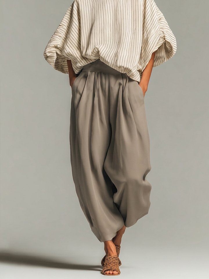 Women's Beige Pinstripe Woven Co-Ord With Loose Boat Neck Bubble Sleeve Top & High Waist Baggy Gray Side Pocket Trousers, Modern Effortless-Chic Daily Two-Piece Set