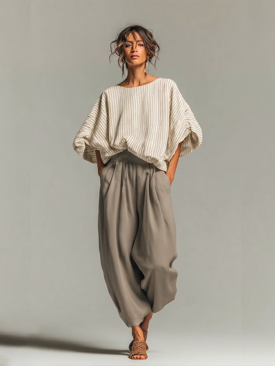 Women's Beige Pinstripe Woven Co-Ord With Loose Boat Neck Bubble Sleeve Top & High Waist Baggy Gray Side Pocket Trousers, Modern Effortless-Chic Daily Two-Piece Set