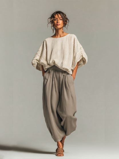 Women's Beige Pinstripe Woven Co-Ord With Loose Boat Neck Bubble Sleeve Top & High Waist Baggy Gray Side Pocket Trousers, Modern Effortless-Chic Daily Two-Piece Set