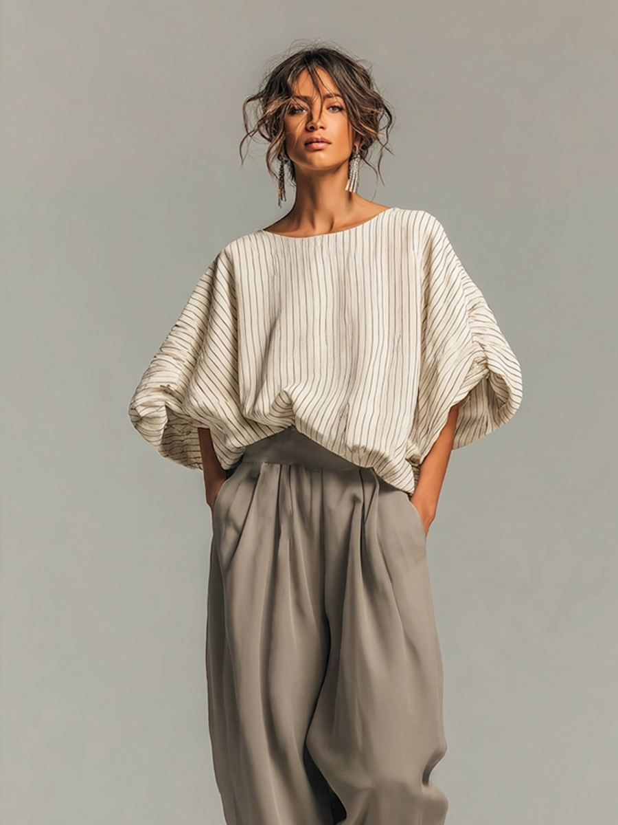 Women's Beige Pinstripe Woven Co-Ord With Loose Boat Neck Bubble Sleeve Top & High Waist Baggy Gray Side Pocket Trousers, Modern Effortless-Chic Daily Two-Piece Set