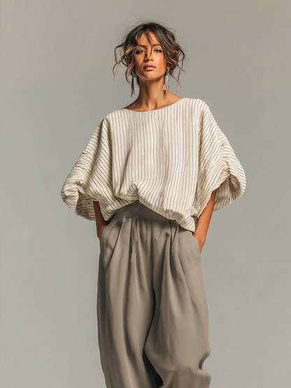 Women's Beige Pinstripe Woven Co-Ord With Loose Boat Neck Bubble Sleeve Top & High Waist Baggy Gray Side Pocket Trousers, Modern Effortless-Chic Daily Two-Piece Set