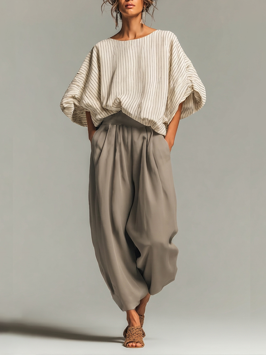 Women's Beige Pinstripe Woven Co-Ord With Loose Boat Neck Bubble Sleeve Top & High Waist Baggy Gray Side Pocket Trousers, Modern Effortless-Chic Daily Two-Piece Set