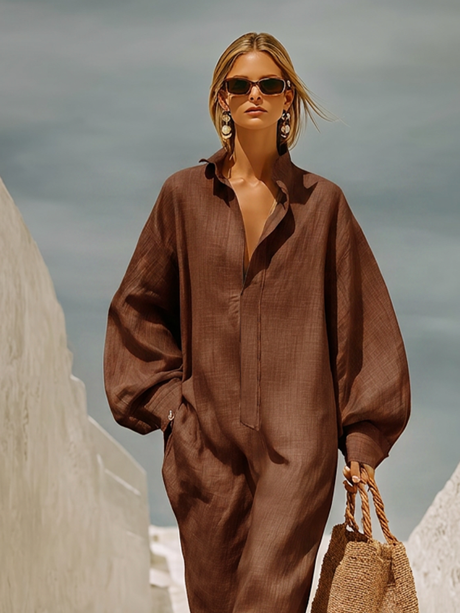 Women's Chocolate Brown Linen Jumpsuit With Collar Half Zip Placket & Oversized Balloon Long Sleeves, Loose Boho Resort Wide Leg Linen Jumpsuit
