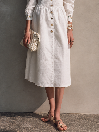 Women's French Cottage Style Off White Cotton Blend Square Neck Smocked Long Sleeve Floral Embroidery Midi Dress