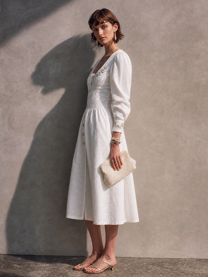 Women's French Cottage Style Off White Cotton Blend Square Neck Smocked Long Sleeve Floral Embroidery Midi Dress