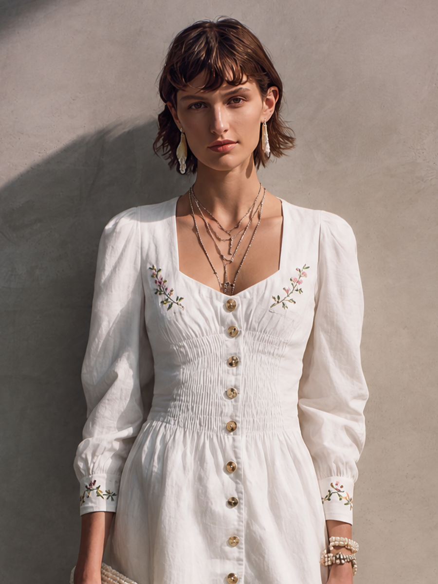 Women's French Cottage Style Off White Cotton Blend Square Neck Smocked Long Sleeve Floral Embroidery Midi Dress