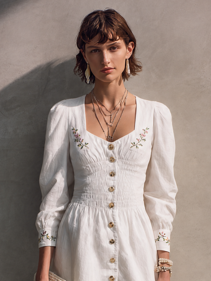 Women's French Cottage Style Off White Cotton Blend Square Neck Smocked Long Sleeve Floral Embroidery Midi Dress