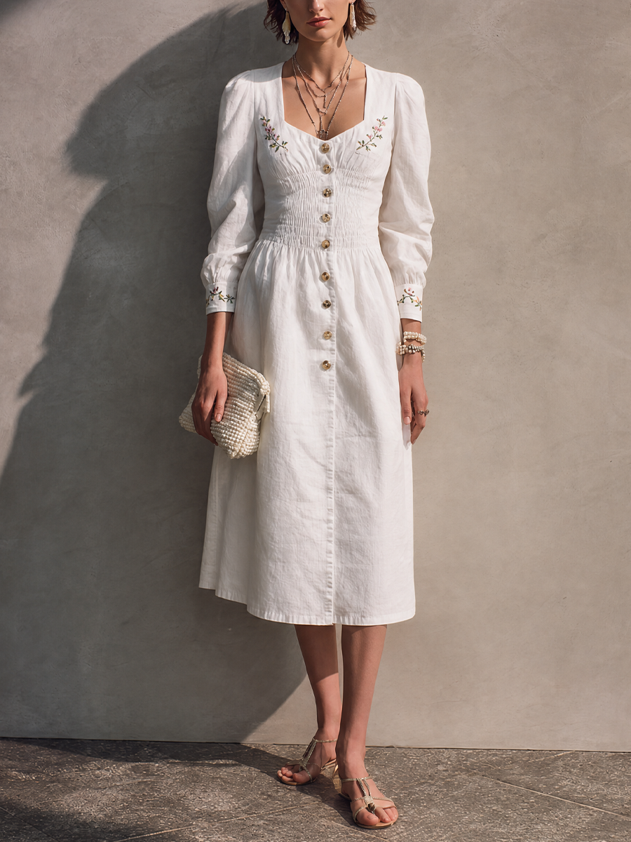 Women's French Cottage Style Off White Cotton Blend Square Neck Smocked Long Sleeve Floral Embroidery Midi Dress