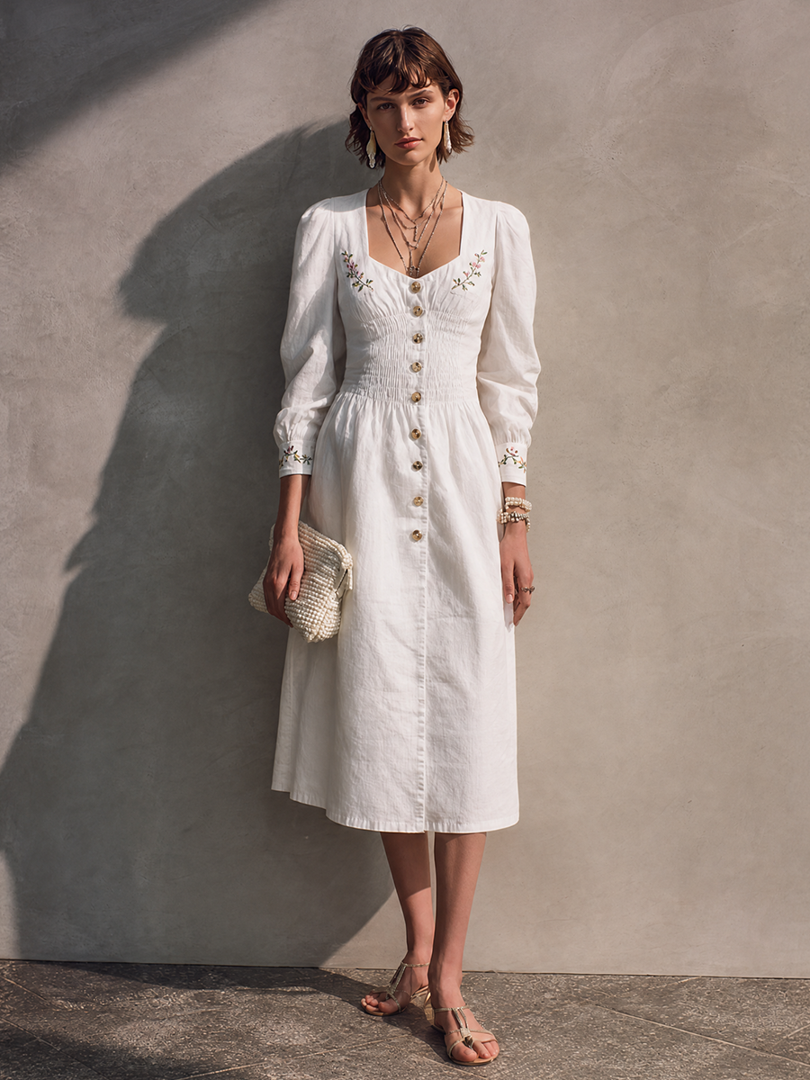 Women's French Cottage Style Off White Cotton Blend Square Neck Smocked Long Sleeve Floral Embroidery Midi Dress