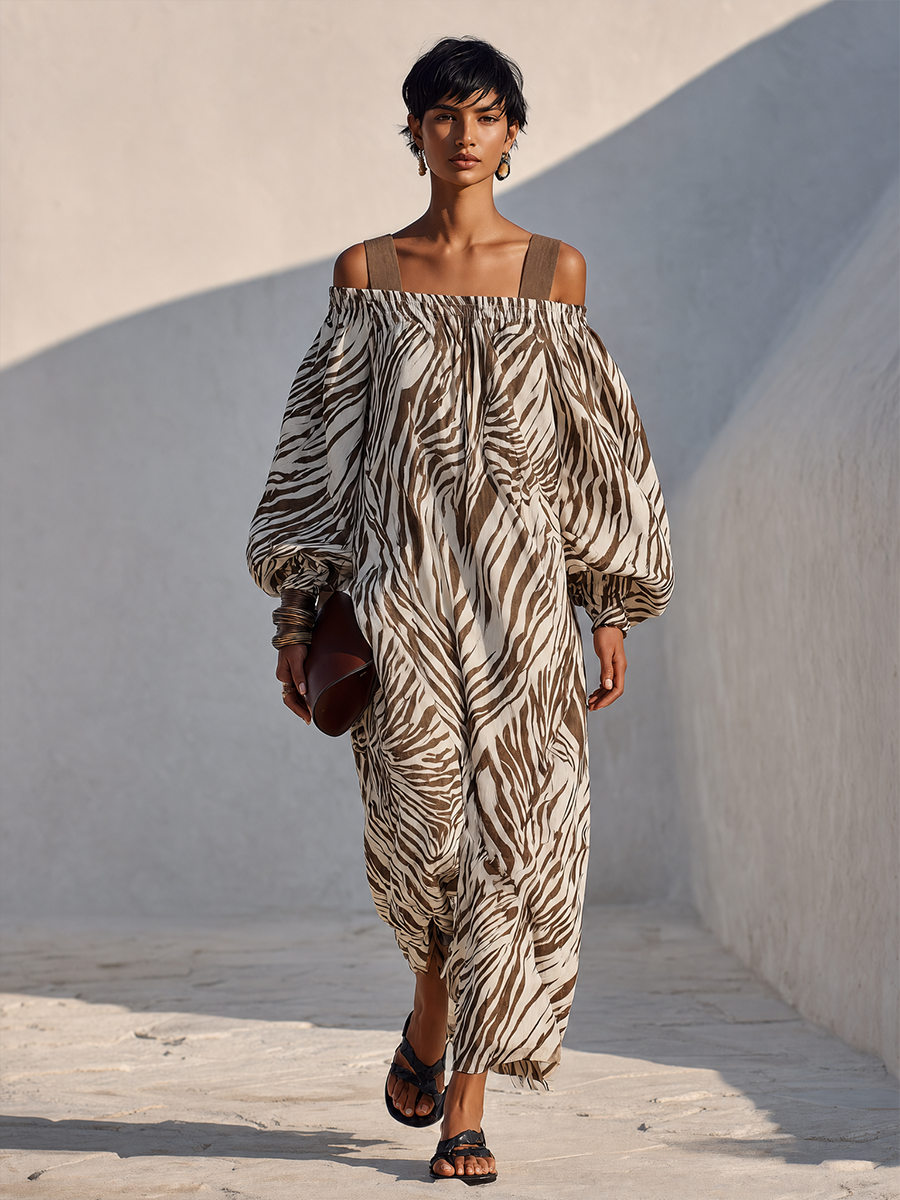 Women's Brown Zebra-Print Linen-Blend Off-Shoulder Maxi Dress