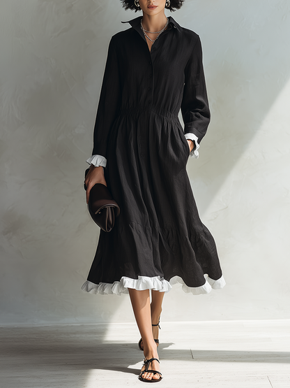 Women's Solid Black Linen Midi Shirt Dress With White Ruffle Accents