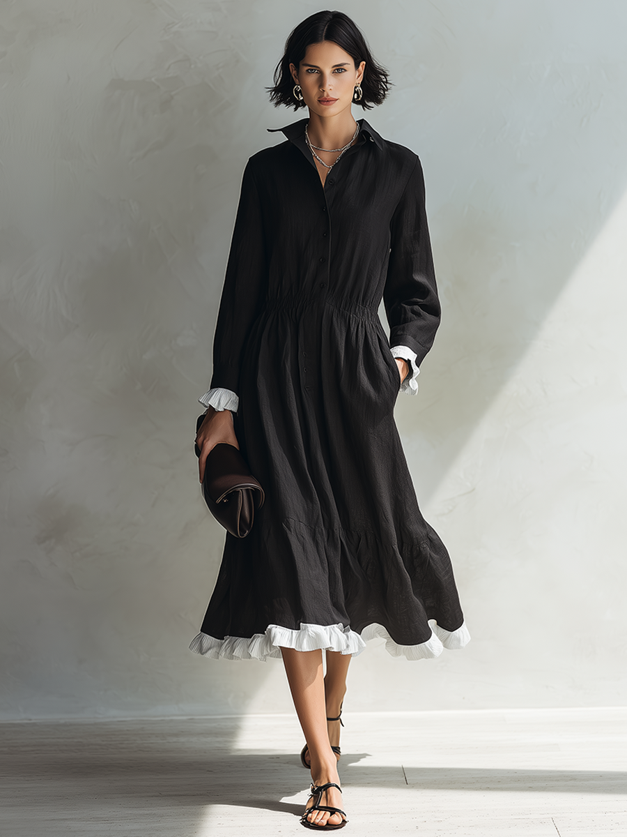Women's Solid Black Linen Midi Shirt Dress With White Ruffle Accents