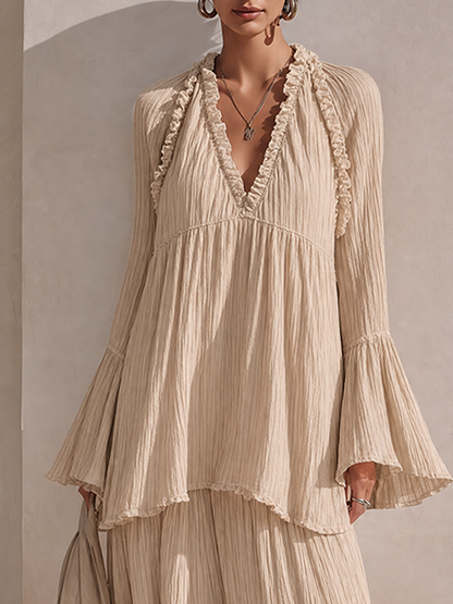 Women's Solid Beige Crinkled-Texture Tiered Ruffle Maxi Dress