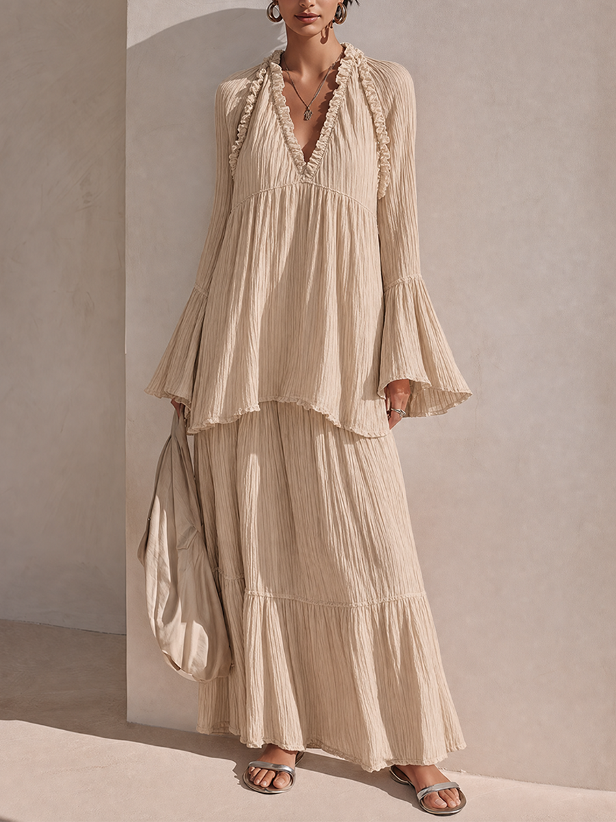 Women's Solid Beige Crinkled-Texture Tiered Ruffle Maxi Dress