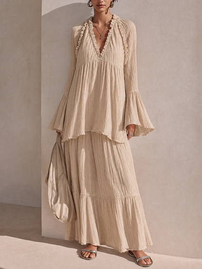 Women's Solid Beige Crinkled-Texture Tiered Ruffle Maxi Dress