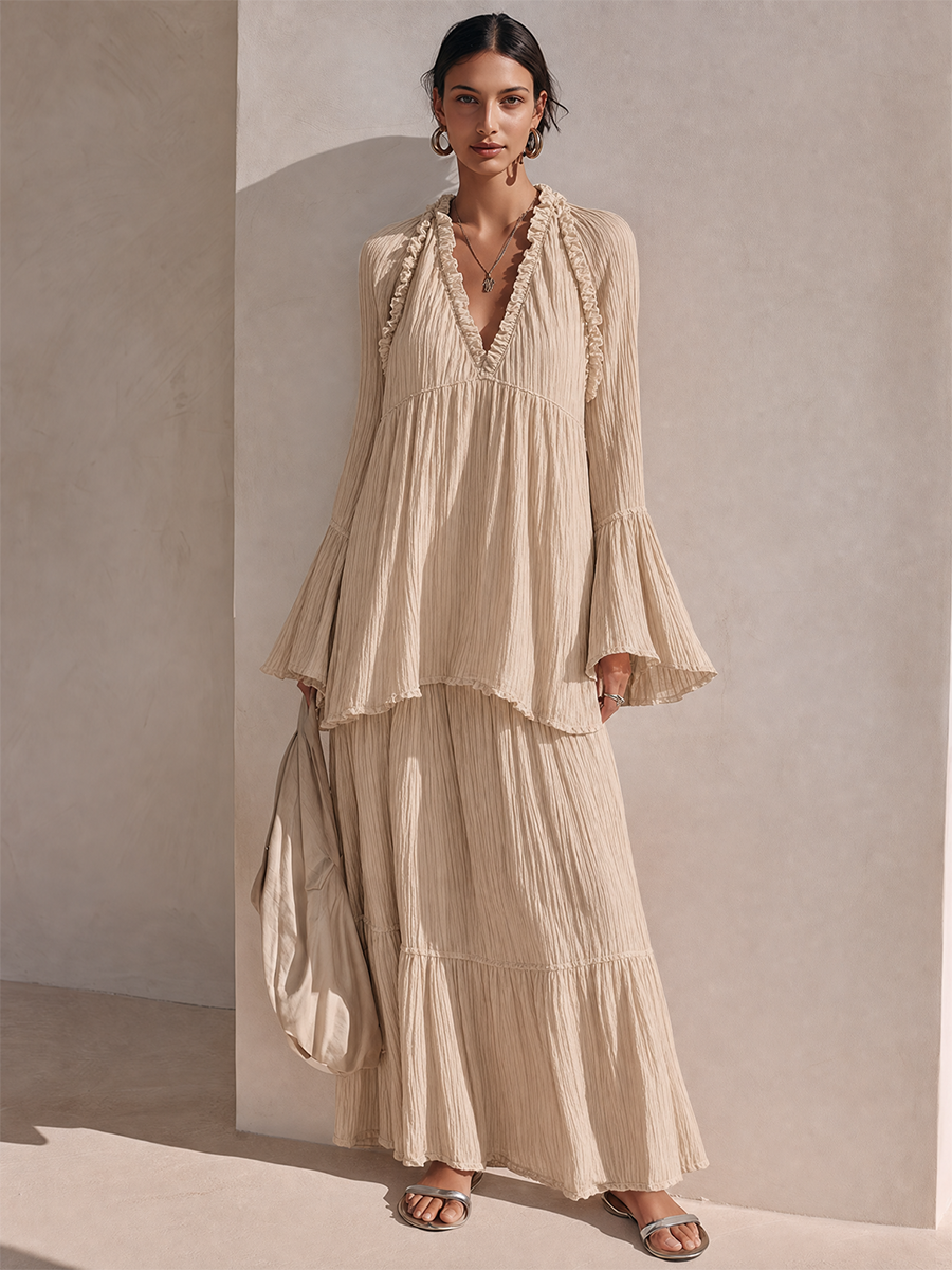 Women's Solid Beige Crinkled-Texture Tiered Ruffle Maxi Dress