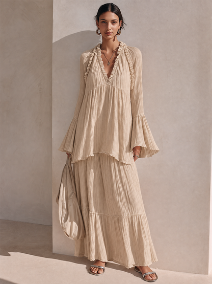 Women's Solid Beige Crinkled-Texture Tiered Ruffle Maxi Dress