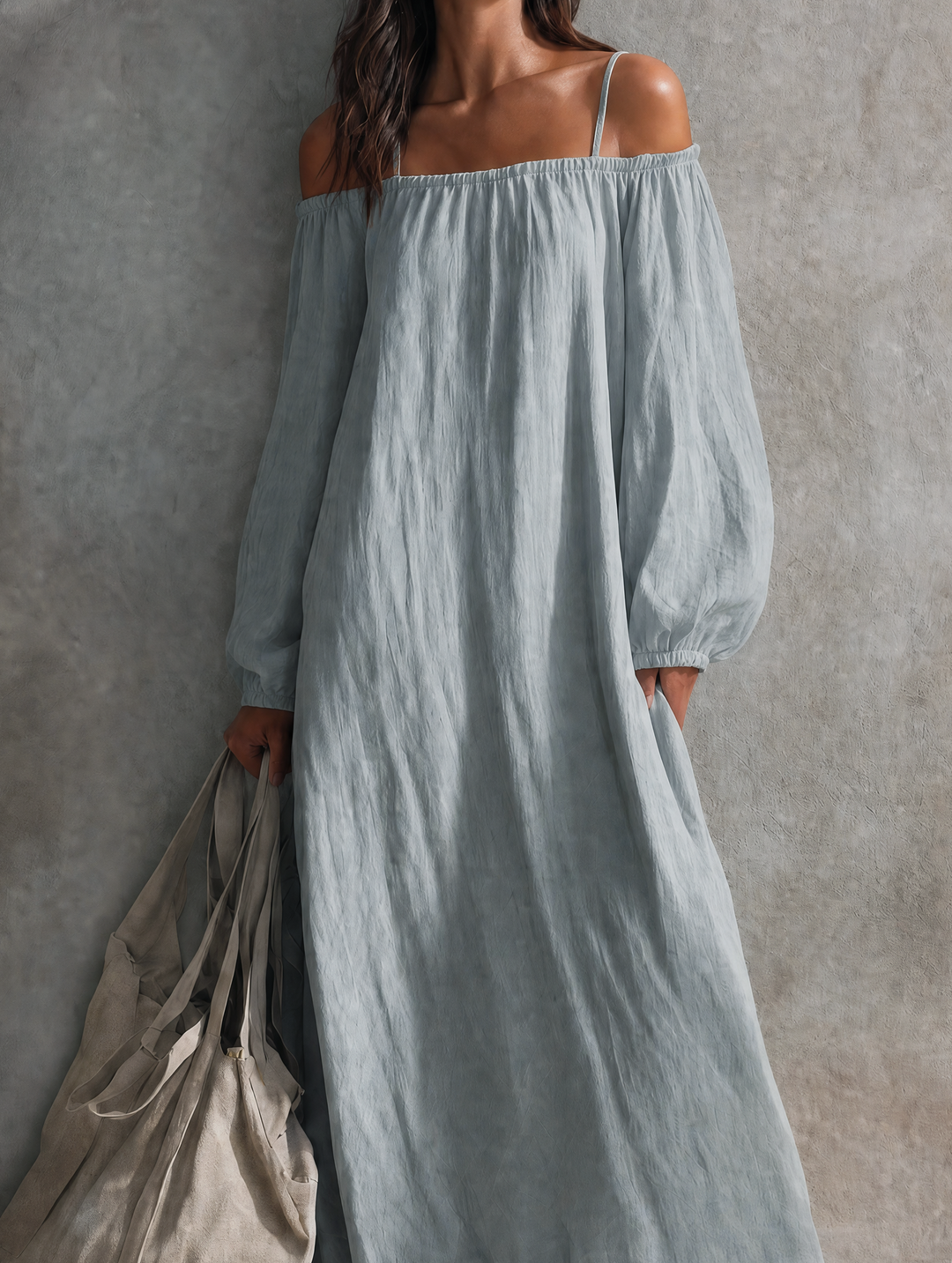 Women's Casual Light Grey-blue Cotton-linen Maxi Dress With Spaghetti Straps, Off-shoulder Design, And Long Sleeves