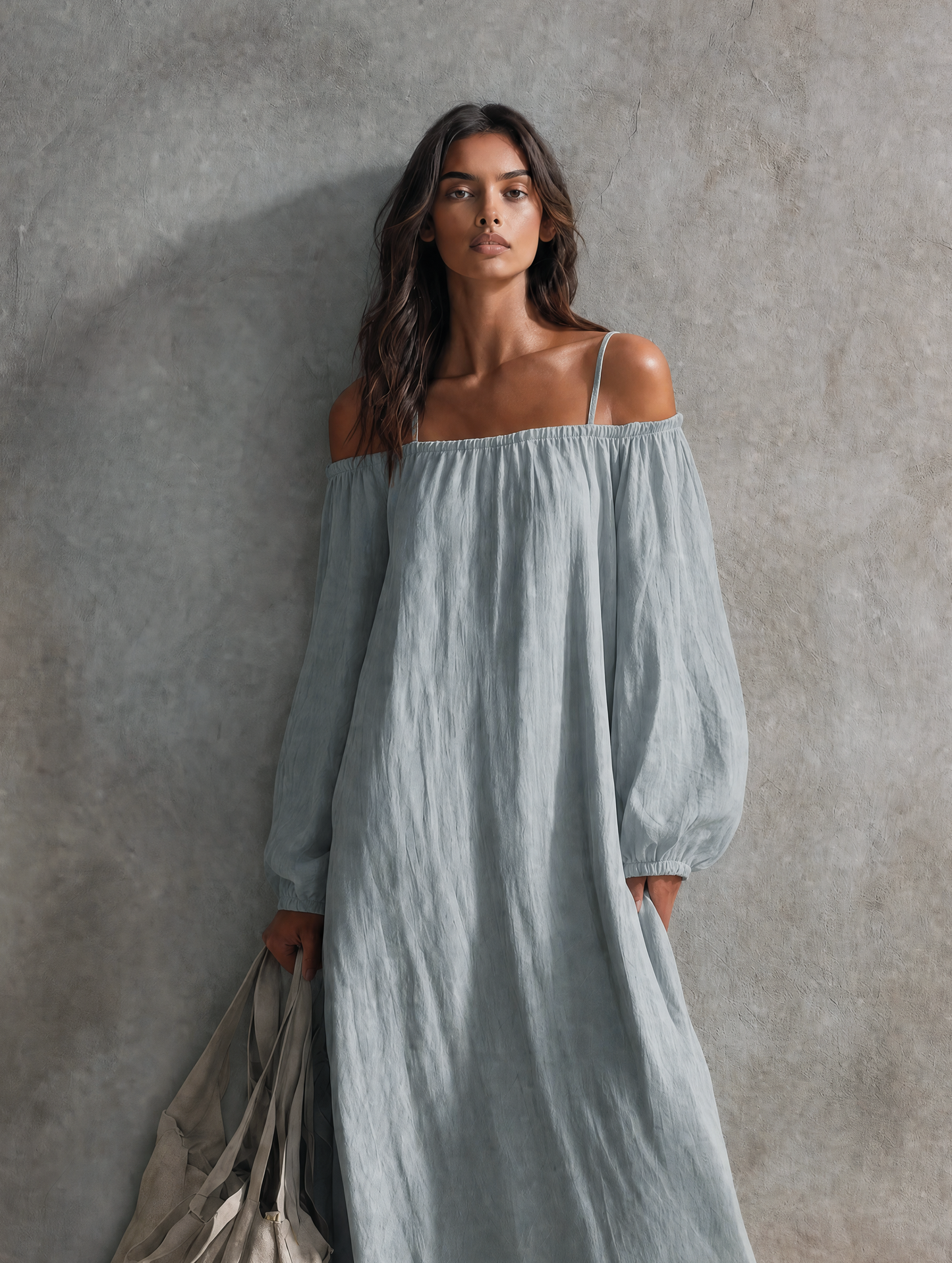 Women's Casual Light Grey-blue Cotton-linen Maxi Dress With Spaghetti Straps, Off-shoulder Design, And Long Sleeves