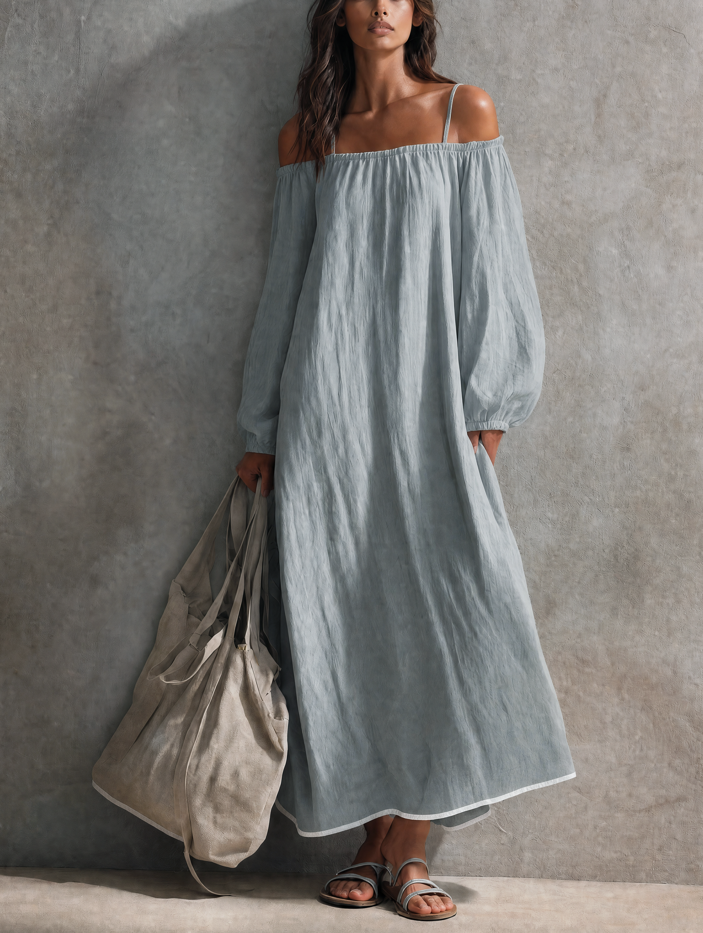 Women's Casual Light Grey-blue Cotton-linen Maxi Dress With Spaghetti Straps, Off-shoulder Design, And Long Sleeves