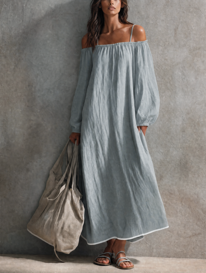 Women's Casual Light Grey-blue Cotton-linen Maxi Dress With Spaghetti Straps, Off-shoulder Design, And Long Sleeves