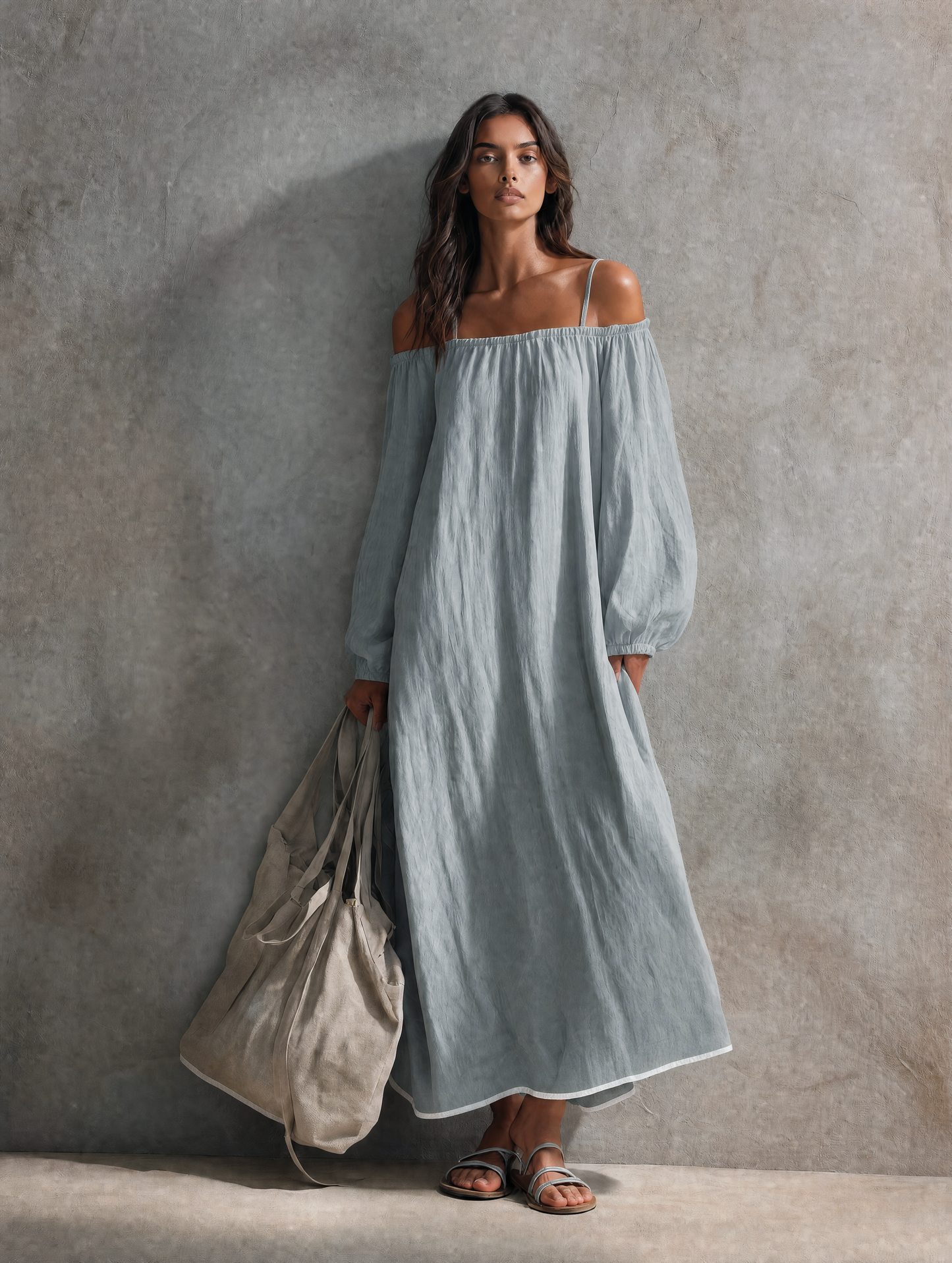 Women's Casual Light Grey-blue Cotton-linen Maxi Dress With Spaghetti Straps, Off-shoulder Design, And Long Sleeves