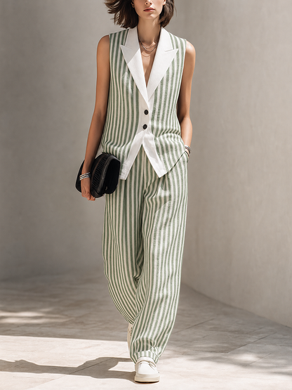 Women's Minimalist Green & White Striped Linen-Blend Sleeveless Vest And Wide-Leg Trouser Set