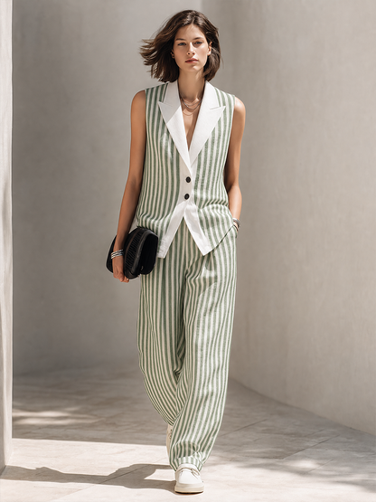 Women's Minimalist Green & White Striped Linen-Blend Sleeveless Vest And Wide-Leg Trouser Set